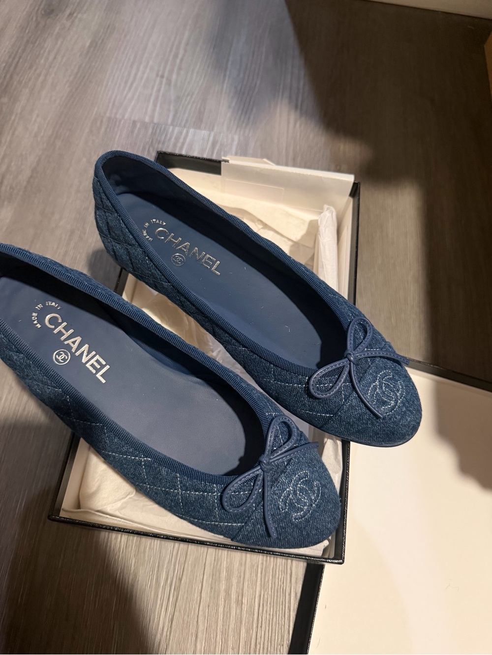 CHANEL Navy Quilted Denim Ballet Flats with Bow